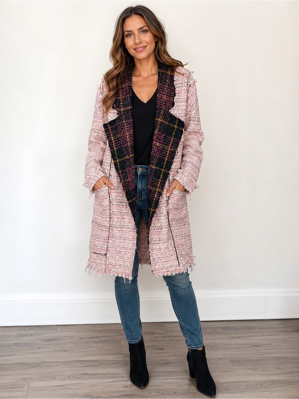 POL Pink Tweed Plaid Raw Edge Long Jacket Coat M NWOT